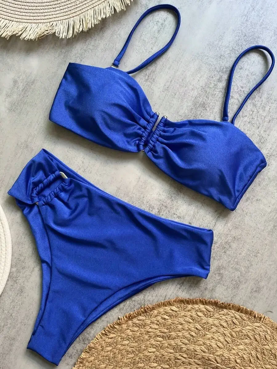 

Women Solid Color Tie Front Metal Detail Bikini Set Beach Vacation Summer Swimwear