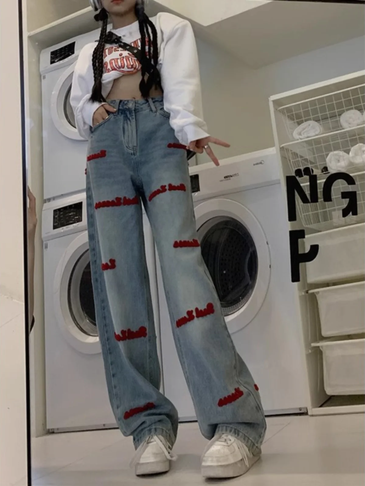 جينز أمريكي أزرق بخصر عالٍ وساق واسعة مستقيمة للنساء مقاس كبير صيفي فضفاض نحيف بنطلون دينيم بتصميم عصري