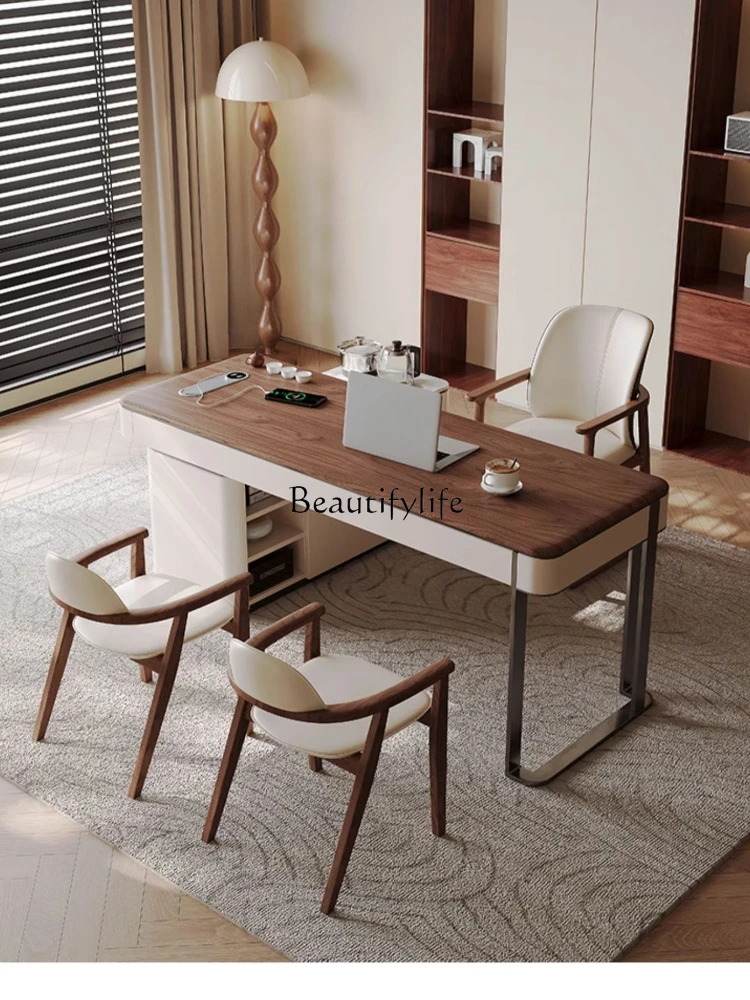 Italian light luxury solid wood corner desk tea table kettle integrated high-end L-shaped tea table