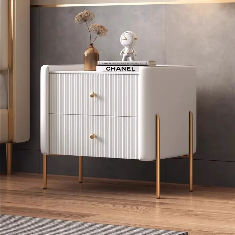 Italian light luxury beside table with drawers minimalist leather solid wood modern simple nightstand for bedroom  night table