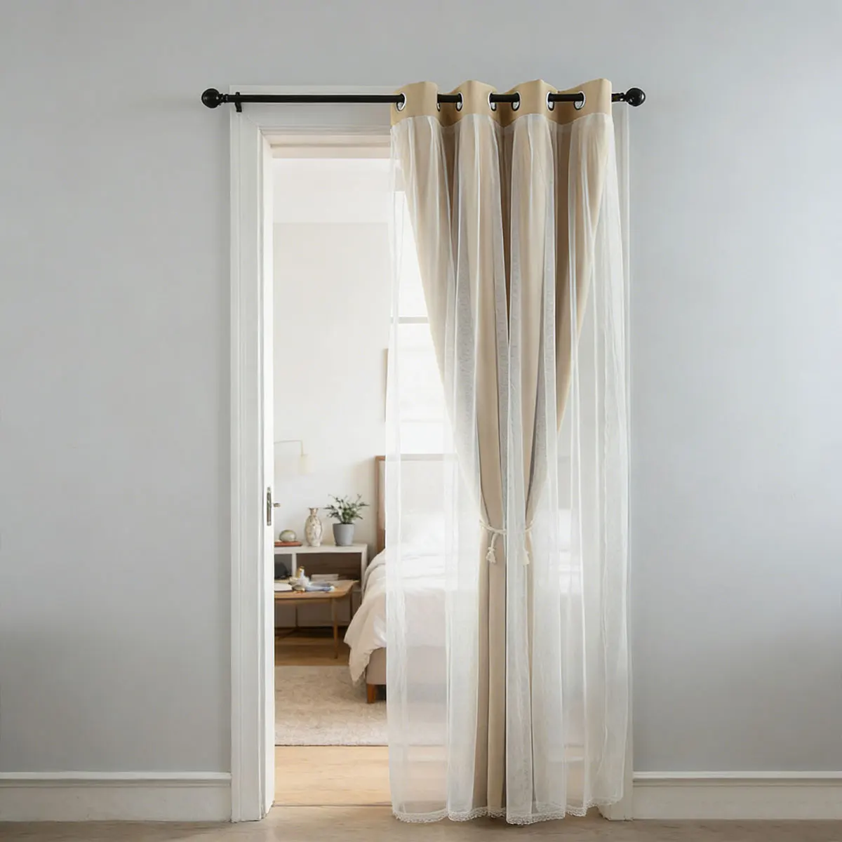 Beige Double‑Layer Grommet Door Curtain 1pc, Sheer Overlay Doorway Drape, Neutral Privacy Room Divider for Home Entrance