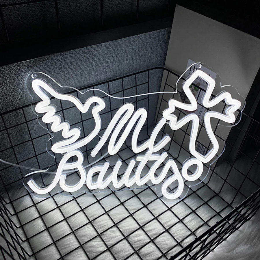 Mi Bautizo Led Neon Sign, Cross And Dove Icon Wall Decor, Used For Bedroom Living Room Wedding Easter Baptism Party Wall Lamp.