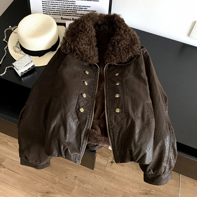 Vintage Faux Leather Jacket for Women Patchwork Lamb Wool Turn Collar Double Breasted Coat Fleece Lined Zipper Thick Outerwear