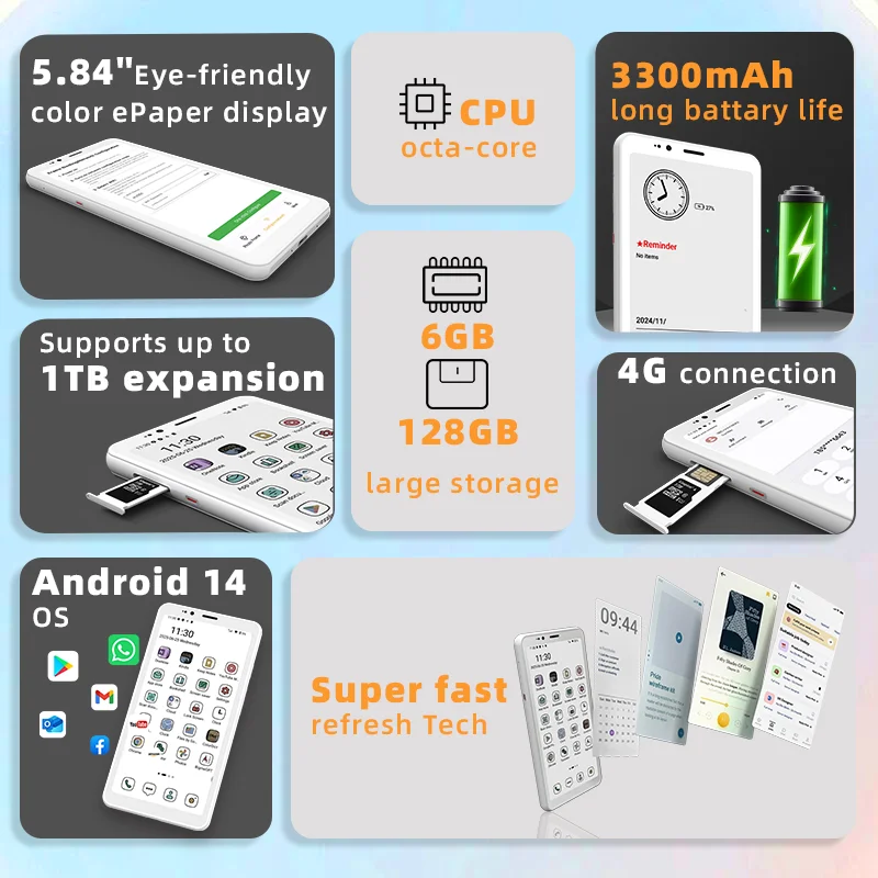 Hibreak S eBook reader, 5.84-inch E-ink display, 36-level front light, Android 14 OS, paper-like ereader with 4G Calling