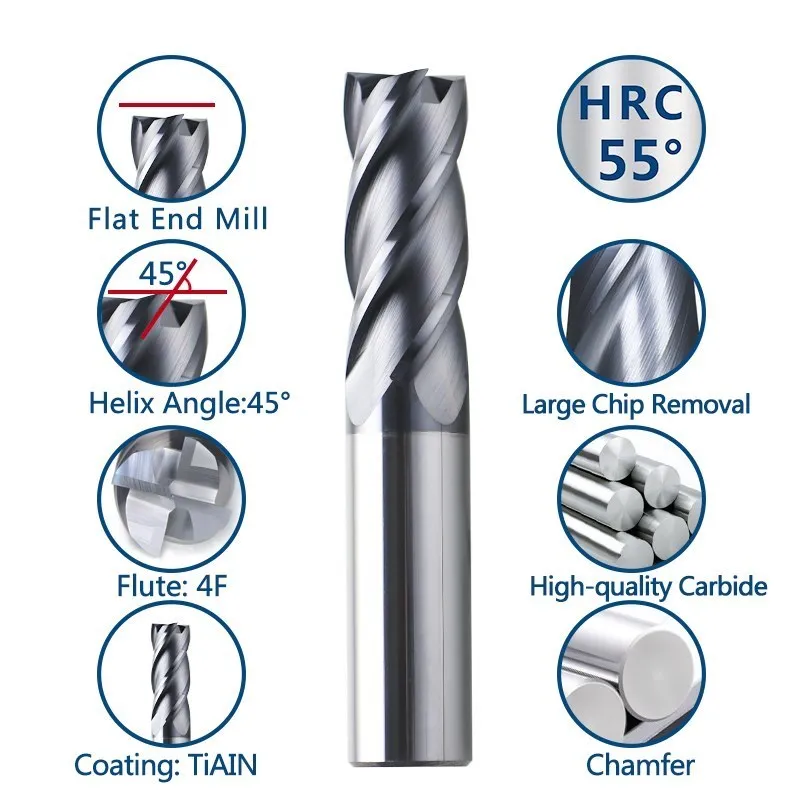 Milling Cutter 4 Flute Milling Cutter Router Bit 1-20mm HRC 50 Carbide End Mill TiALN Coated CNC Machine Milling Tools