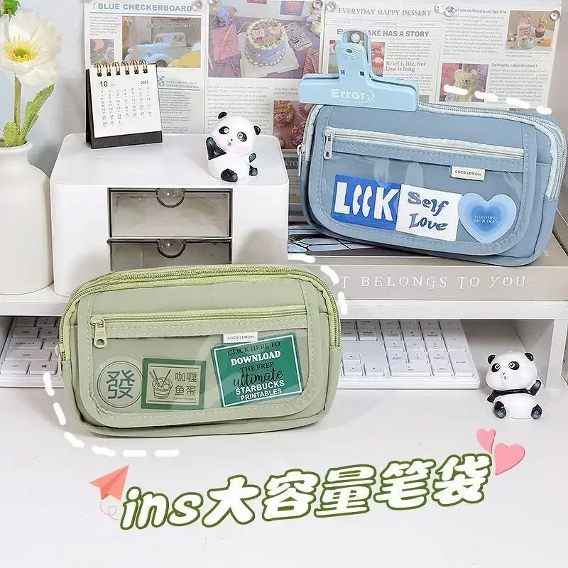 1Pc Japanse Ins Eenvoudige Transparante Multi-Layer Etui Grote Capaciteit Student Canvas Pennentas Kind Briefpapier Schoolbenodigdheden