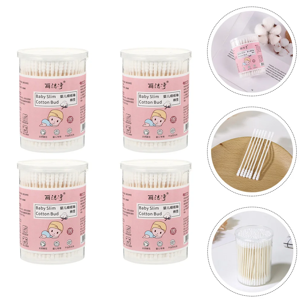 Cotonete de algodão multiuso para cuidados com o bebê, Ear Cleaning Sticks para casa, Botões de segurança, 4 caixas