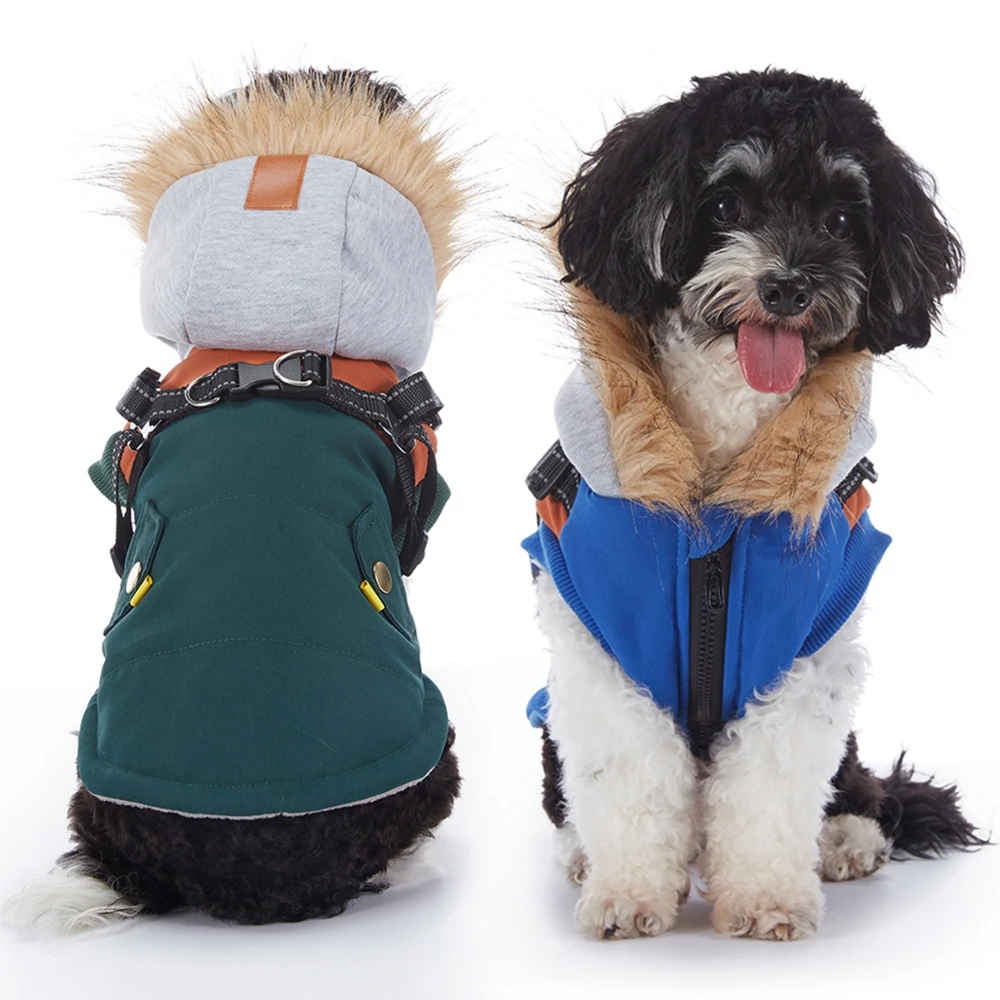 Winter Pet Dog Hooded Jacket With Harness Waterproof Warm Dog Clothes for Small Medium Dogs Coat Chihuahua French Bulldog Outfit