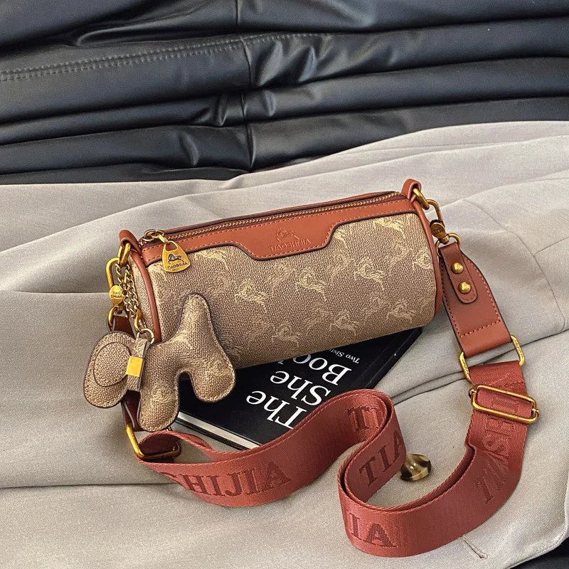 Women Vintage Horse Print Cylinder Boston Crossbody Bag Cute Horse Charm Wide Printed Strap Mini Pillow Purse