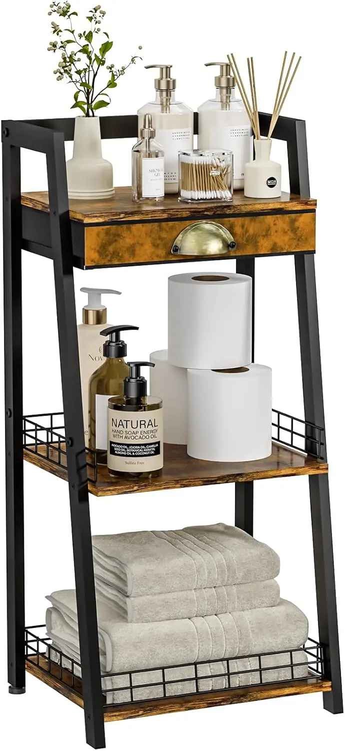 

Трехуровневые полки для ванной комнаты с тканевым ящиком, отдельно стоящая стойка для хранения для гостиной и спальни в деревенском стиле, коричневый цвет