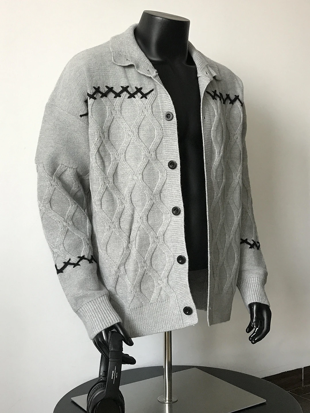 

ey Diamond Pattern Knitted Jaet Men Women Sle Autumn American Retro Open Cardigan Sweater Heavy Inner irt Base Layer