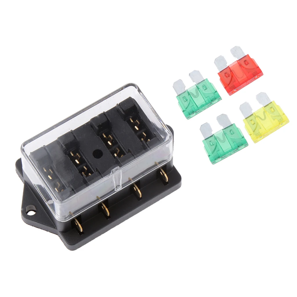 4 Way Fuse Holder Box Block, Auto Boat Circuit for Car + 4 12V / 24V Fuses