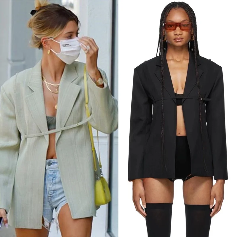 

Hailey Bieber Sle Women's Front Tie Suit Jaet Pure Cotton Color Commute Sle Long Sve Slim Fit Spring Faion