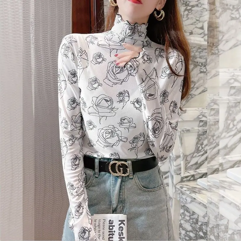 

Women's Turtleneck Slim-Fit Sunscreen Mesh Bottoming Shirt Summer Thin Inner Match Tulle Long-Sleeved T-shirt Long Lace Top