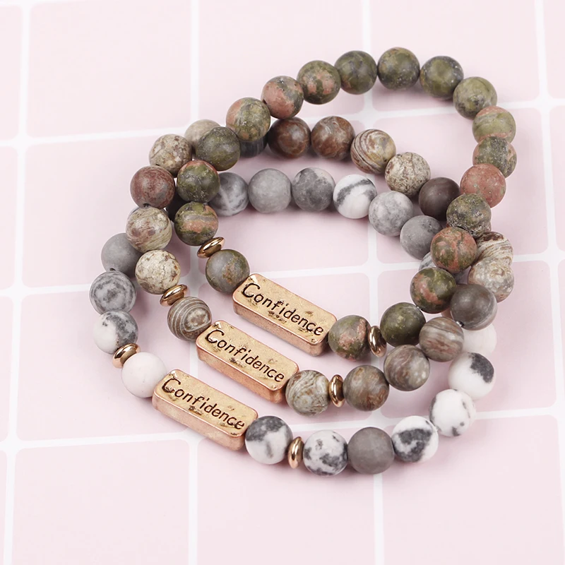 Funny Words Confidence Natural Stone Bracelet Letter Elastic Bangle 3 Colors Adjustable Beads Chain