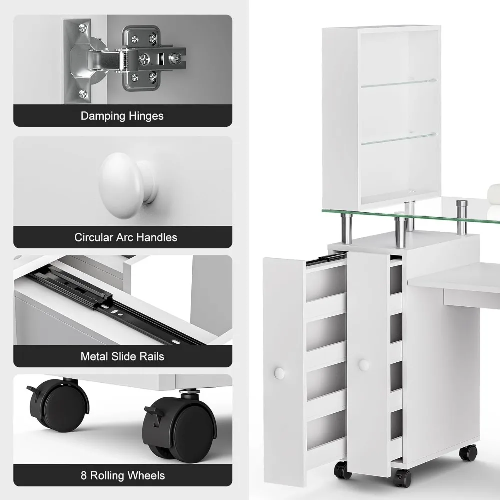 Manicure Table Nail Tech Table, Glass Top Nail Desk Station for Nail Tech w/Shelves & Wrist Cushion, Acetone Resistant Be
