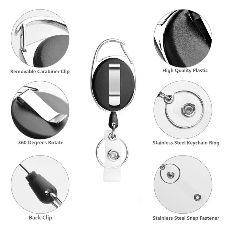 N36R-20 Pack Retractable Badge Reel With Carabiner Belt Clip And Key Ring For ID Card Key Keychain Badge Holder Black