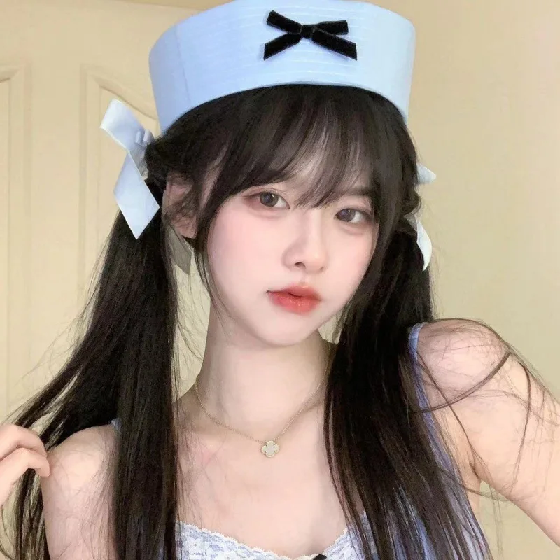 Kawaii-Hüte für Damen, neue blaue Kappen, japanischer Stil, Schleife, blauer Matrosenhut, marineblauer Hut, süßer süßer Hut, Sommer, vielseitige Baskenmütze im koreanischen Stil