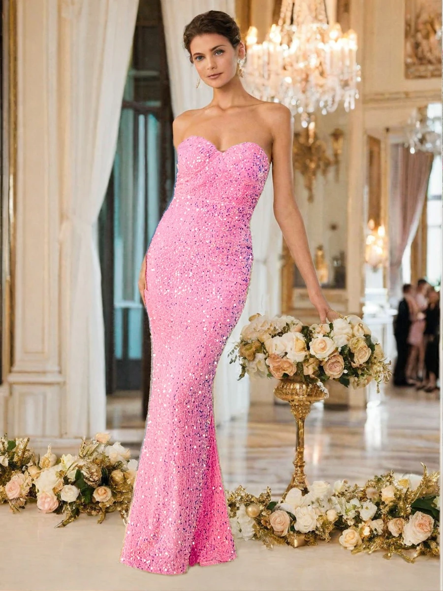 Romagic Elegant Pink Strapless Sequin Sleeveless Open Back Bridesmaid Maxi Dress Autumn Wedding Party Dresses For Women