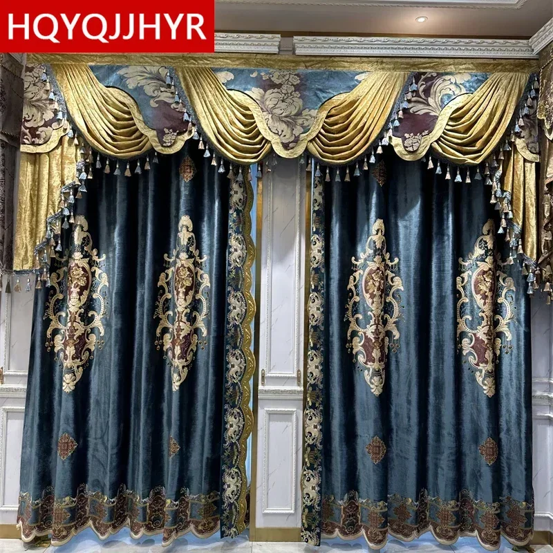 

HQYQJJHYR Blue Embroidered Luxury Villa Curtains Customizable European Style Living Room Shading Valance for Bedroom Hotel
