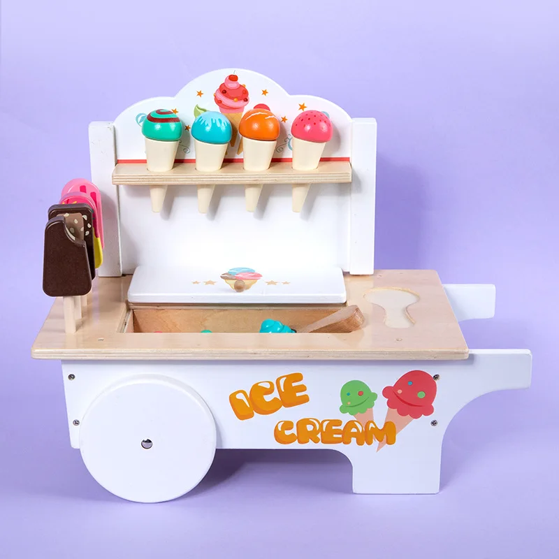 Educational Toddler Wood Toy Set Ice Cream Cart Magnet Color Shopping Pretend Kitchen Play Sort Stacking Trolley Game Gift Kid