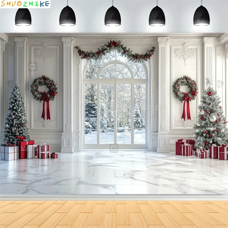 

Christmas Day Wreath New Year Photography Backdrops Wooden Door Window Living Room Xmas Tree Gift Snow Party Background DC-07