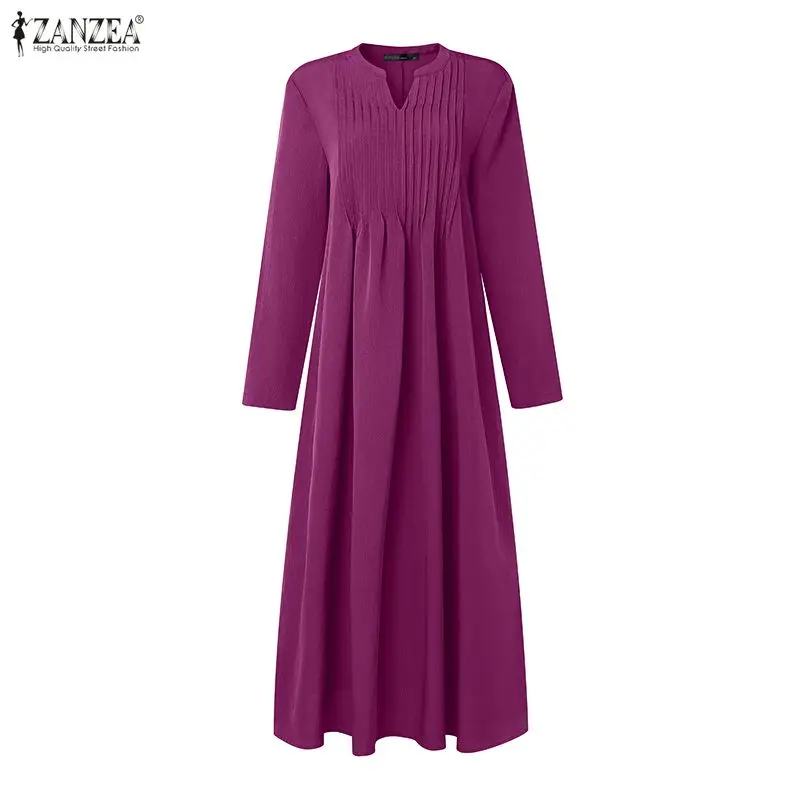 ZANZEA – robe longue pour femmes, col en v détaillé, manches longues, couleur unie, décontractée, ample, ligne a, vêtements pour femmes, printemps 2026