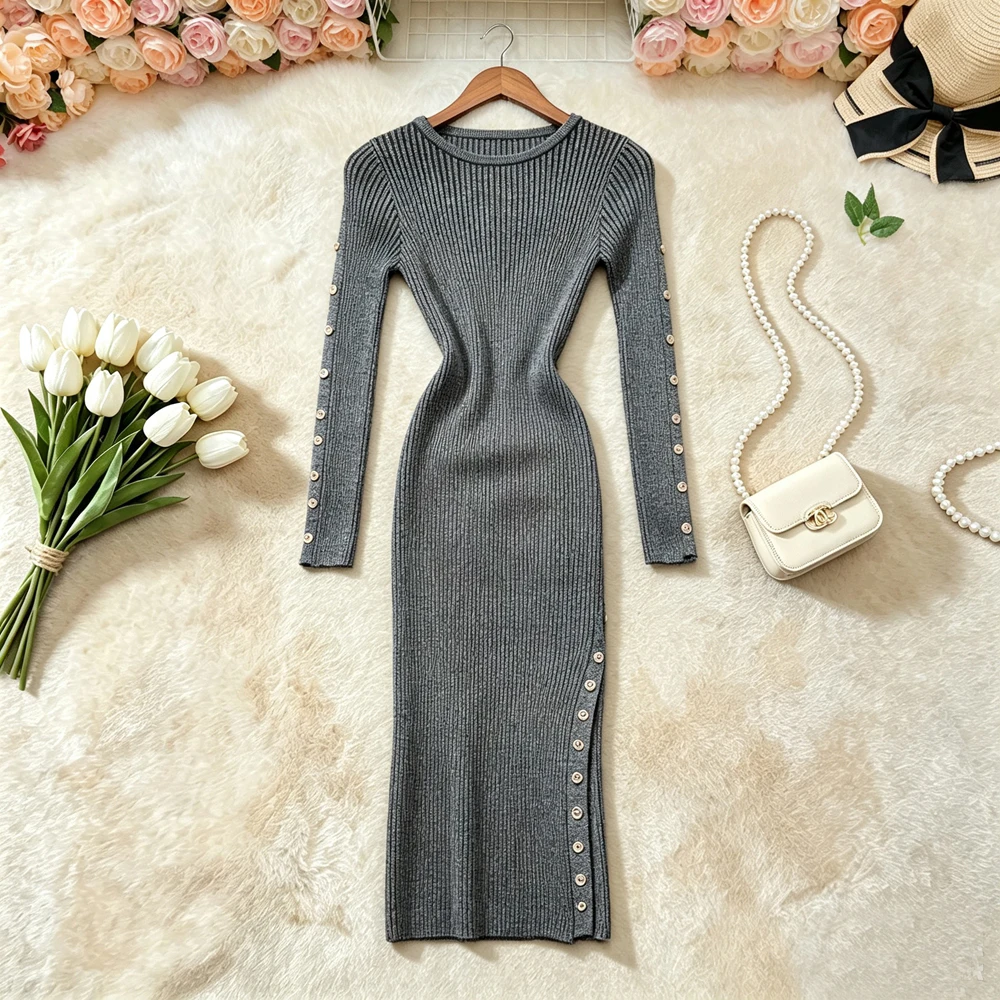 Sexy Wrap Hips Split Knitted Dress Women 2026 Autumn Winter Long Sleeve Buttons Slim Elastic Shinny Ribbed Sweater Dress Black