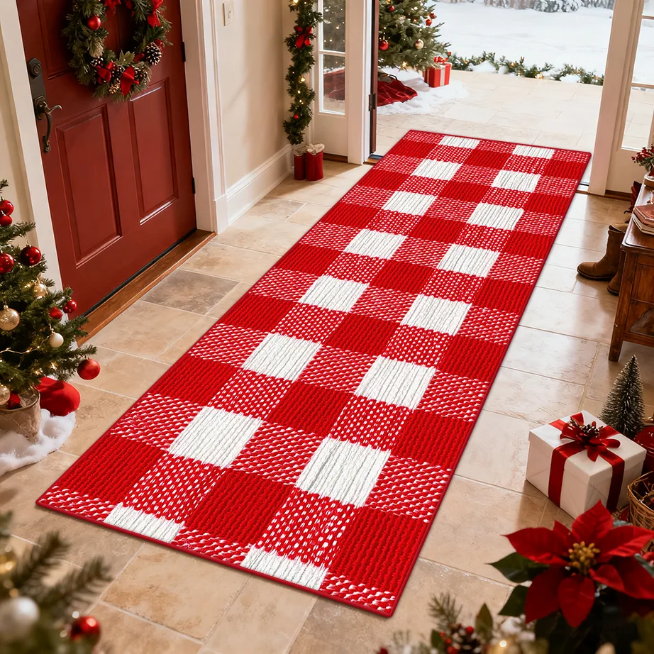 Red Plaid Christmas Runner Rugs Home Decoration Doorway Long Corridor Carpet Customizable Bedroom Easy Clean Foot Mat Non-slip