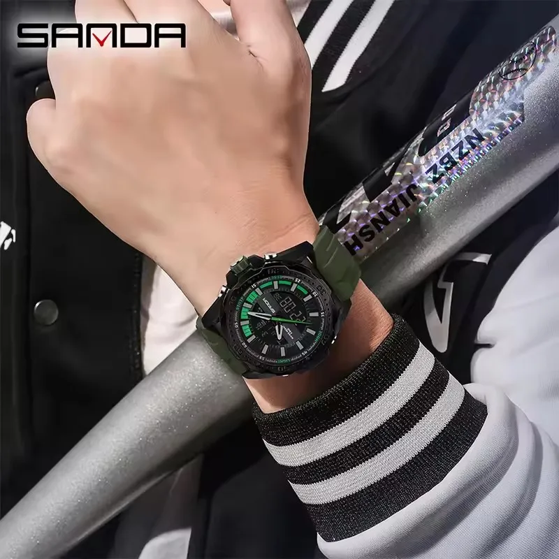 SANDA 3373 Reloj deportivo electrónico de cuarzo para hombre con pantalla Dual luminoso a prueba de golpes resistente al agua calendario relojes digitales para hombre