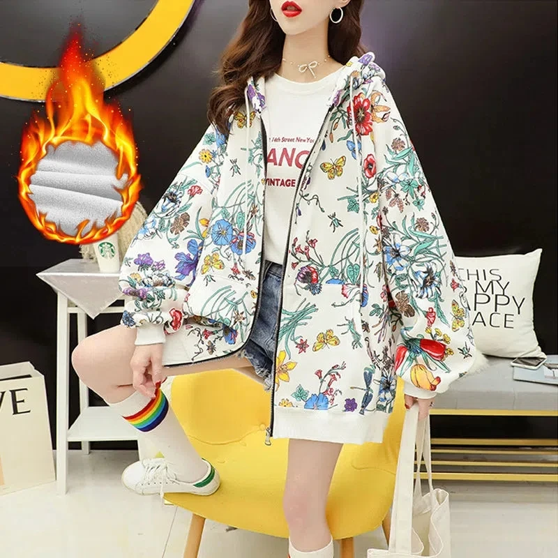 

Hoodie Women Autumn Winter 2022 New Korean Loose Versatile Casual Cardigan Top Female Plus Velvet Thick Long Printed Sweater