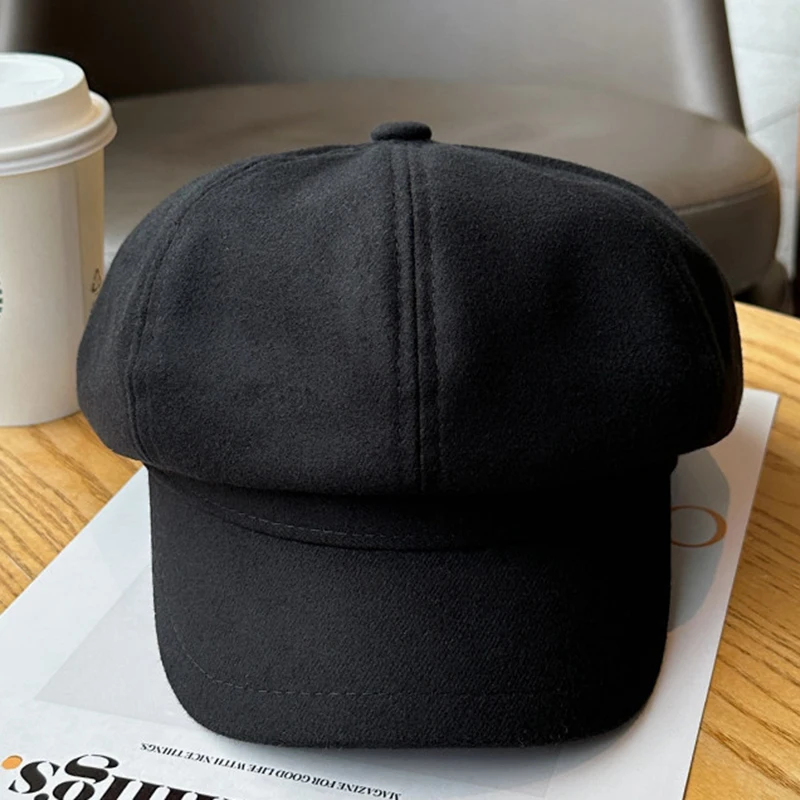Women Newsboy Cap Retro British Style Solid Color Painter Hat Daily Casual Autumn Winter Vintage Beret with Brim Street Snap
