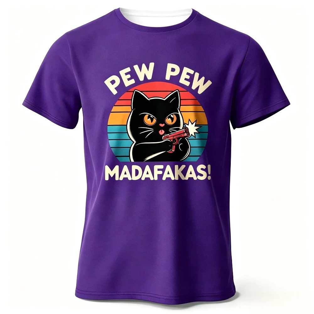 Funny Pew Pew Madafakas Black Cat Retro Sunset Graphic T-Shirt Polyester Casual Tee Multiple Colors Available