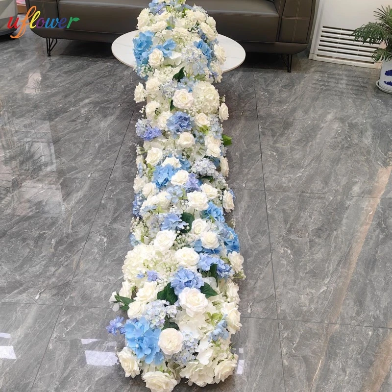 Uflower Light Blue Rose Hydrangea Artificial Flower Rowfor Wedding Table Centerpiece Party Backdrop Decor Aisle Road Lead Decor