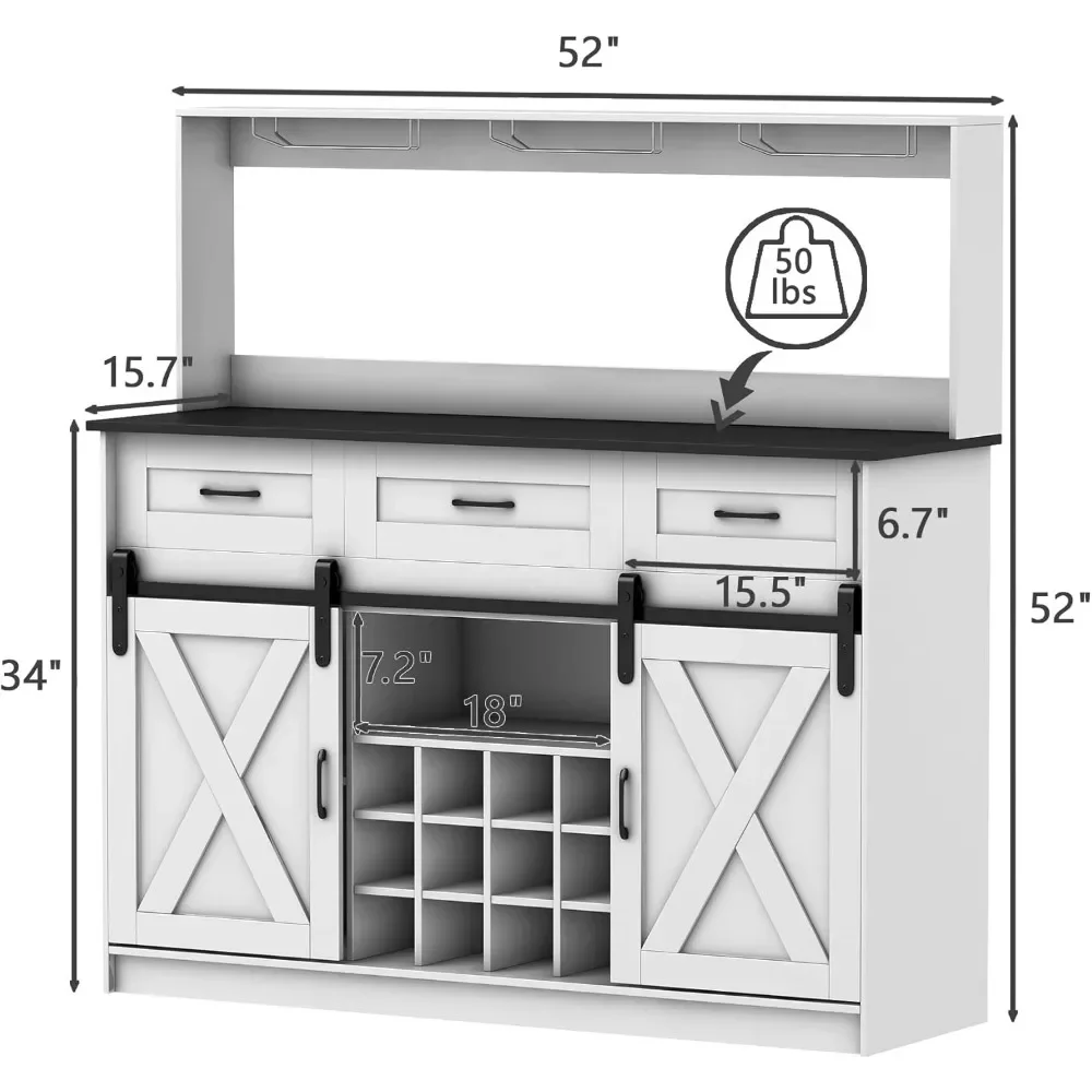52-calowa szafka barowa z miejscem do przechowywania, szafka na wino z 9 uchwytami na kieliszki i 12 stojakami na wino z siatką, szafka barowa