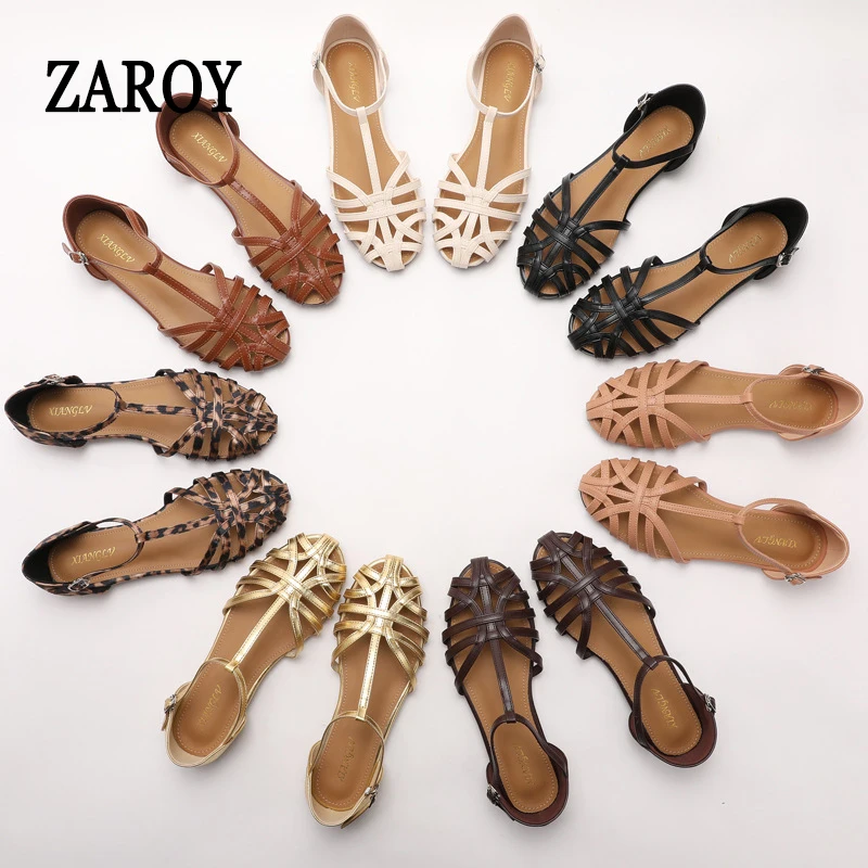 ZAROY Women's Sandals Summer Casual Footwear T-tied Cross Strap Flat Sandals Weave Hollow Roman Sandalia Zapatos сандали
