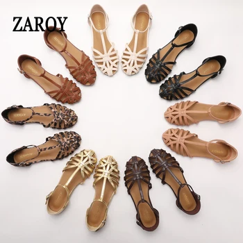 ZAROY Women's Sandals Summer Casual Footwear T-tied Cross Strap Flat Sandals Weave Hollow…