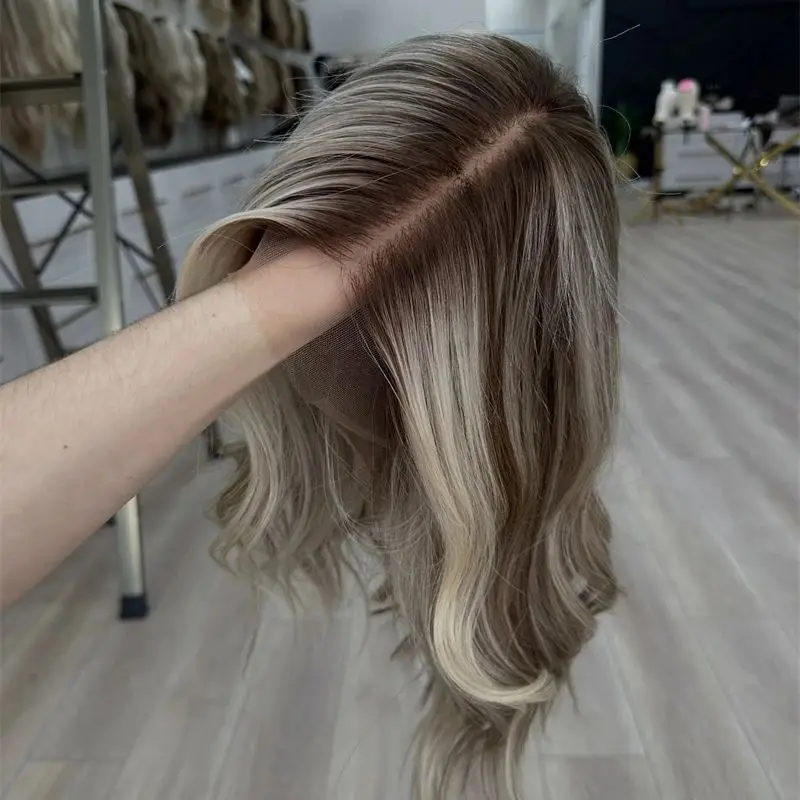 Small/Large Size Cap Short Wave Bob Ombre Ash Blonde Brown Highlights Synthetic Lace Front Wigs with Dark Roots 150% Density Wig