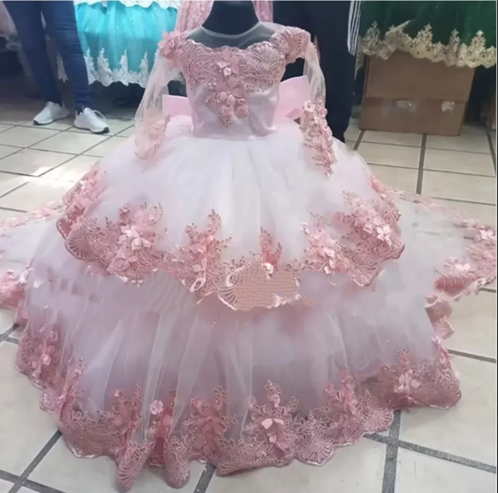 

White And Pink Flower Girl Dress For Wedding Tulle Puffy Lace Applique Kids Birthday Party First Communion Ball Gowns Customized