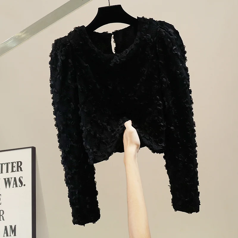 

Faionable Heavyweight Floral Decoration Loose Women's Overhead irt Design Sense Versatile round Ne Top Breathable Long ...