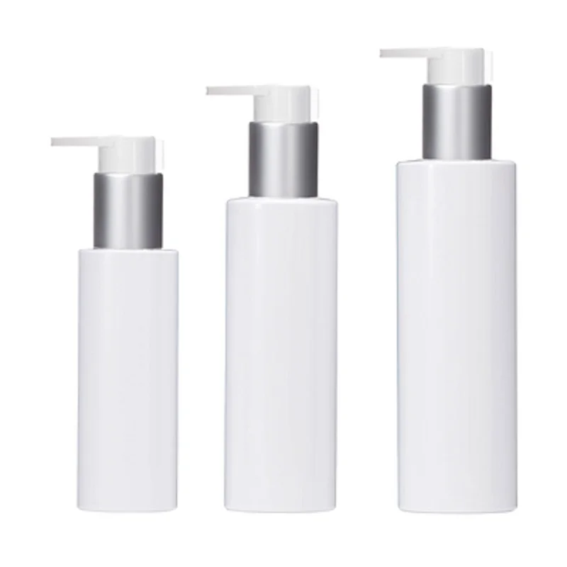 15Pcs White Plastic Shampoo Bottle 100ml 150ml 200ml Matte Silver Collar Lotion Press Pump Portable Cosmetic Refilalble Bottles