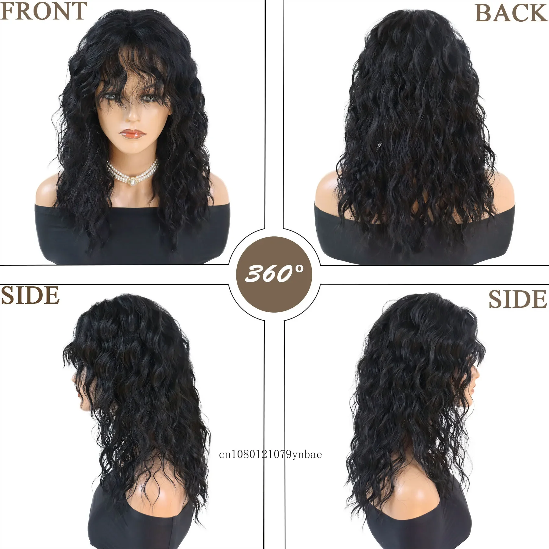 Peruca de cabelo sintético ondulado longo com Franja para mulheres, fofo, macio, encaracolado, preto, afro, diário, fantasia de festa, resistente ao calor