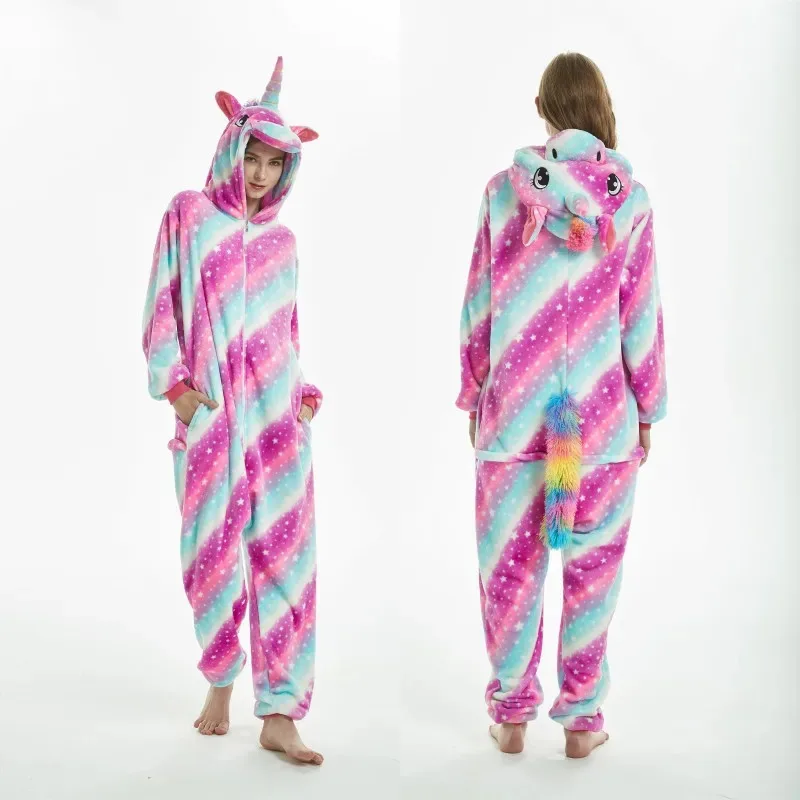ss23Winter Cartoon Coral Fleece Unicorn Sleepwear Flannel One Piece Hooded Kigurumi Loose Casual Home Wear Jumpsuits Pajamas Set