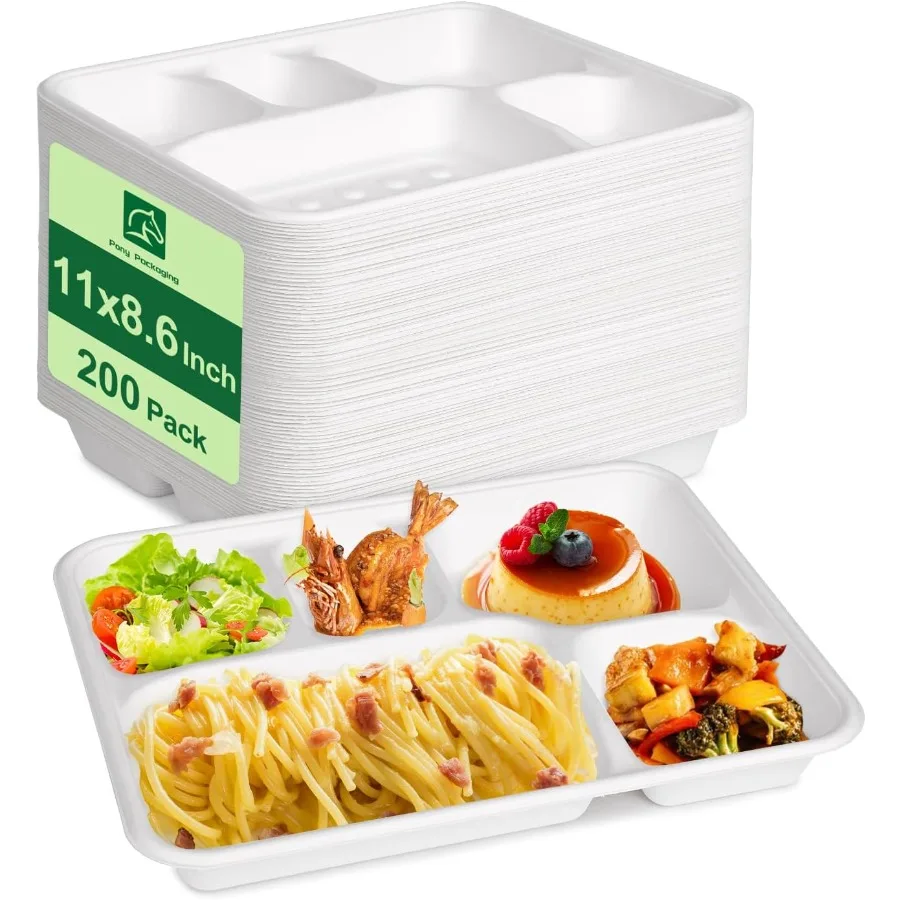 

100% Compostable 5 Compartment Plates 200 Pack Disposable Paper Trays White 11 * 8.6 inch HeavyDuty Biodegradable Sugarcane Pla