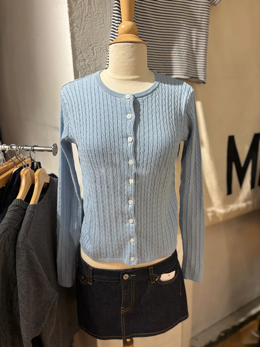 Lichtblauw Leuke Twist Bloem Trui Vest Vrouwen O-hals Single Breasted Katoenen Crop Top Zoete Effen Slanke Jas Met Lange Mouwen Nieuw