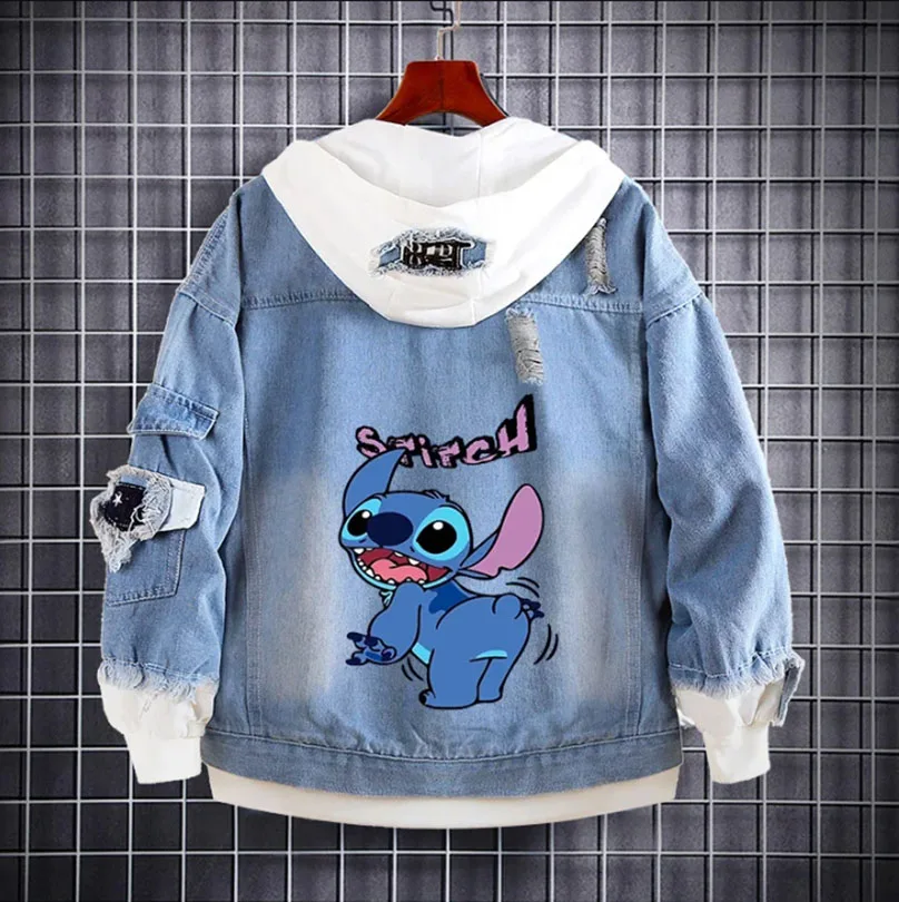 Lilo Stitch DENIM แจ็คเก็ตเด็กผู้ชาย, สเวตเชิ้ตมีฮู้ดลายการ์ตูนฮิปฮอปฮาราจูกุสตรีทแวร์เสื้อโค้ทยีนส์ลำลองสำหรับเด็กผู้ใหญ่