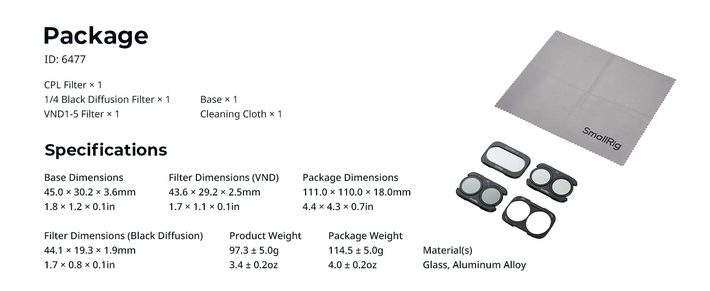 SmallRig 4P Split-Filter-Kit für DJI Osmo Pocket 4P mit CPL / 1/4 Black Diffusion / VND1-5 Filter für Kreative Flexibilität 6477 – Detail 12