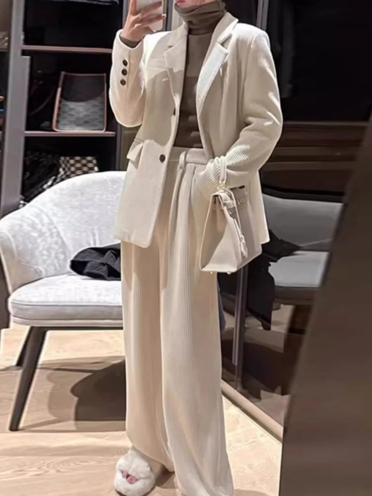 New Women Solid Elegant Chic Blazer Pantsuits Vintage Casual Corduroy Office Business Two Pieces Set Female Formal Trousers Set