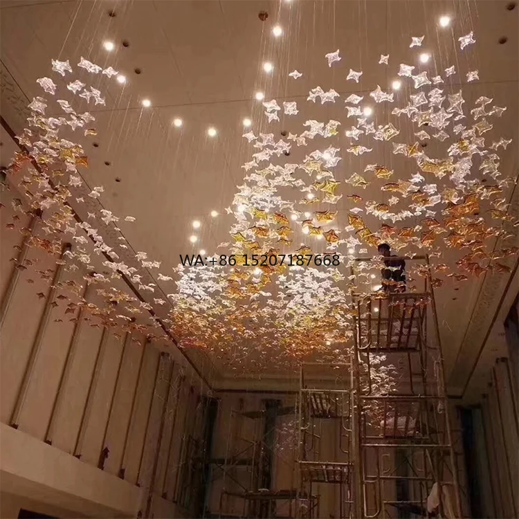 Custom Project LED Glass Chandelier Lighting Sea Star Shape Light Colorful Decor for Hotel Aquarium Remote Control for Room Use