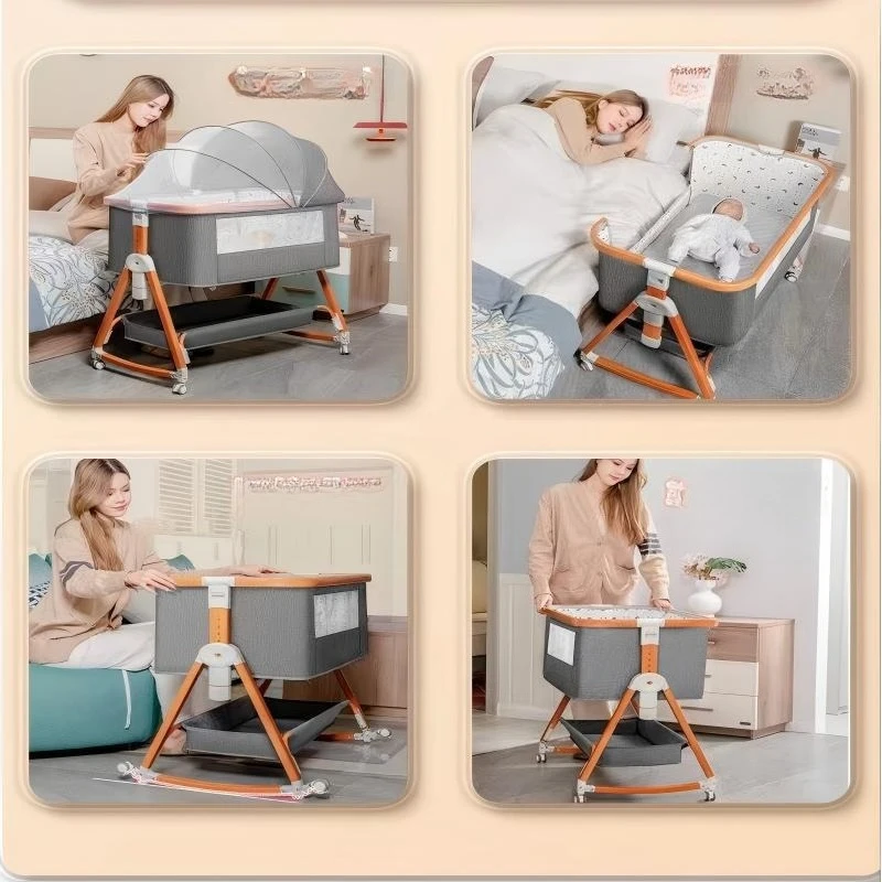 Baby Crib Movable Cradle Bed  Portable 2-in-1 Foldable Multifunctional BB Kids Newborn Splicing Large Bed Toddler Bed Bedroom